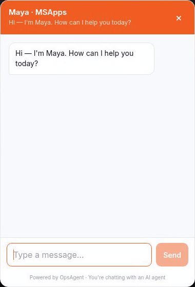 Recording of the live Maya widget on an app-development studio's website: asked what a mobile app for a startup would cost, Maya says there is no fixed price, explains it depends on features, complexity and platform, and asks what the app should do.