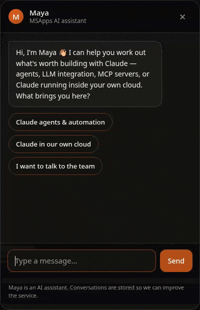 Recording of the live Maya widget on an AI consulting practice's website: a visitor asks for an MCP server for internal tools; Maya confirms it can be built and asks which tools; told a CRM and a Postgres reporting database, she asks what actions or information the assistant should handle.